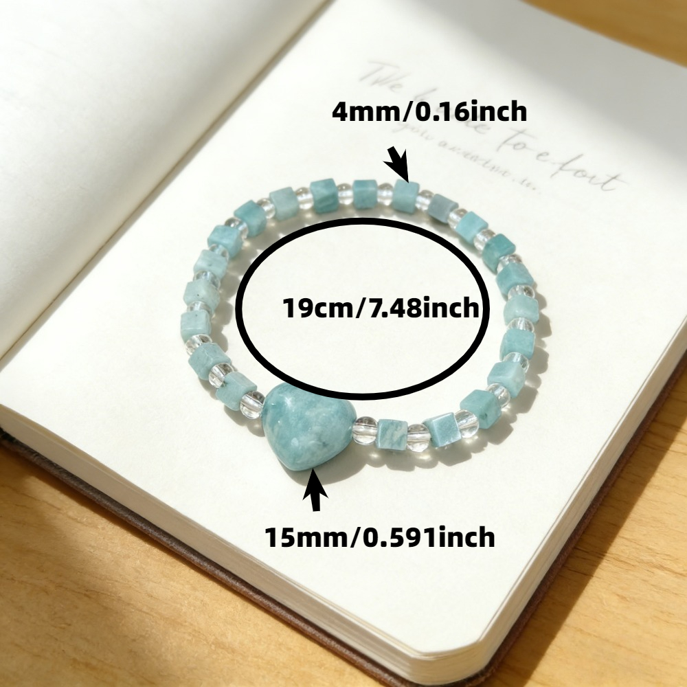 TEMU Bracelet 1 pièce en perles de cœur d'amazonite naturelle pour femme et homme, bracelet carré en , bijou élastique en , cadeau pour anniversaire