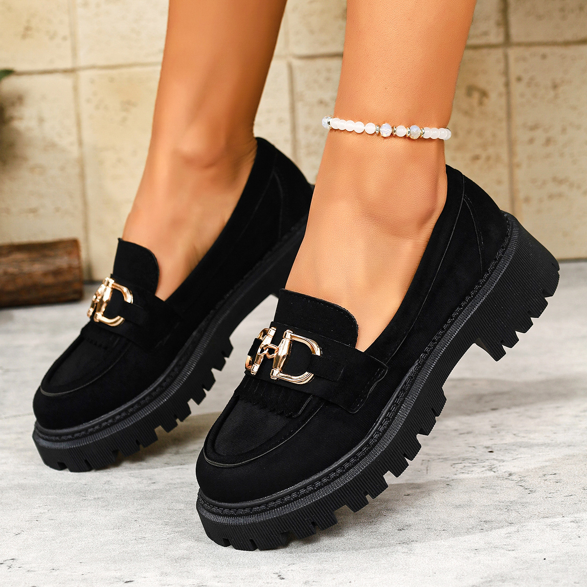 TEMU British Style Black Low- Shoe Women's Spring New Chunky Sole Chain Loafer Women, Women Shoes