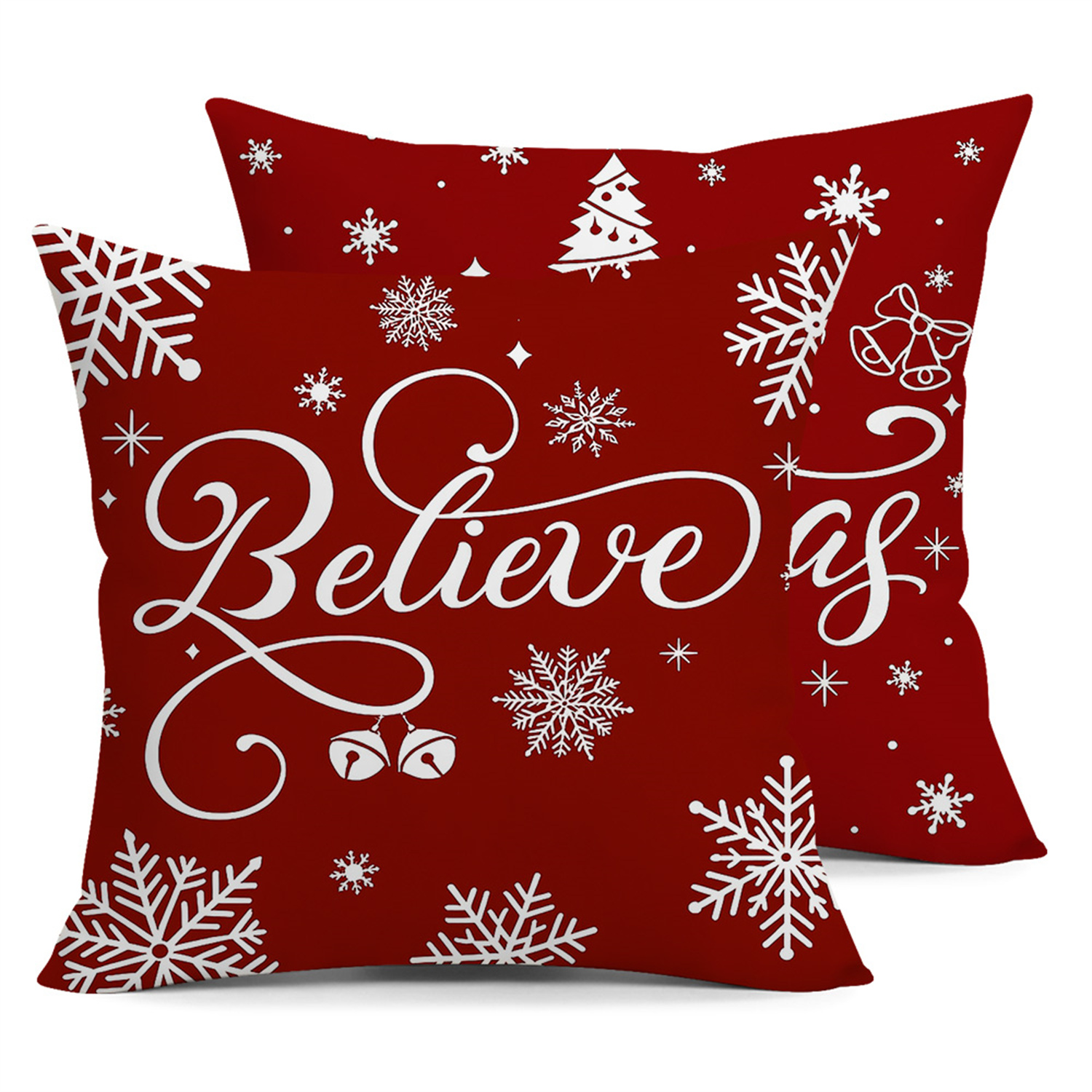 TEMU 2pcs Festive Christmas Throw Pillow Covers - White Snowflake & With "believe" Text, Zippered Polyester Cushion Cases For Decor, Living Room,