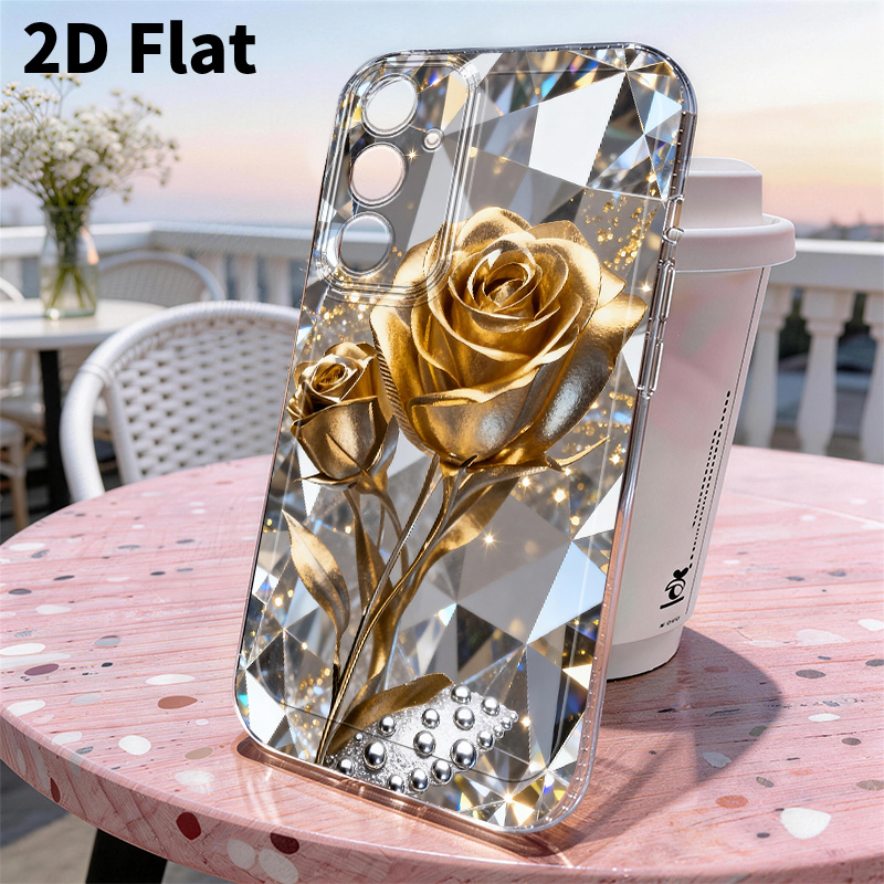 TEMU Phone Case: 2d Flat Golden Rose Print, Background Pattern Tpu Protective Case, Suitable For , A02 03 16 17 25 26 30 33 34 53 54 55 57 70 71 72