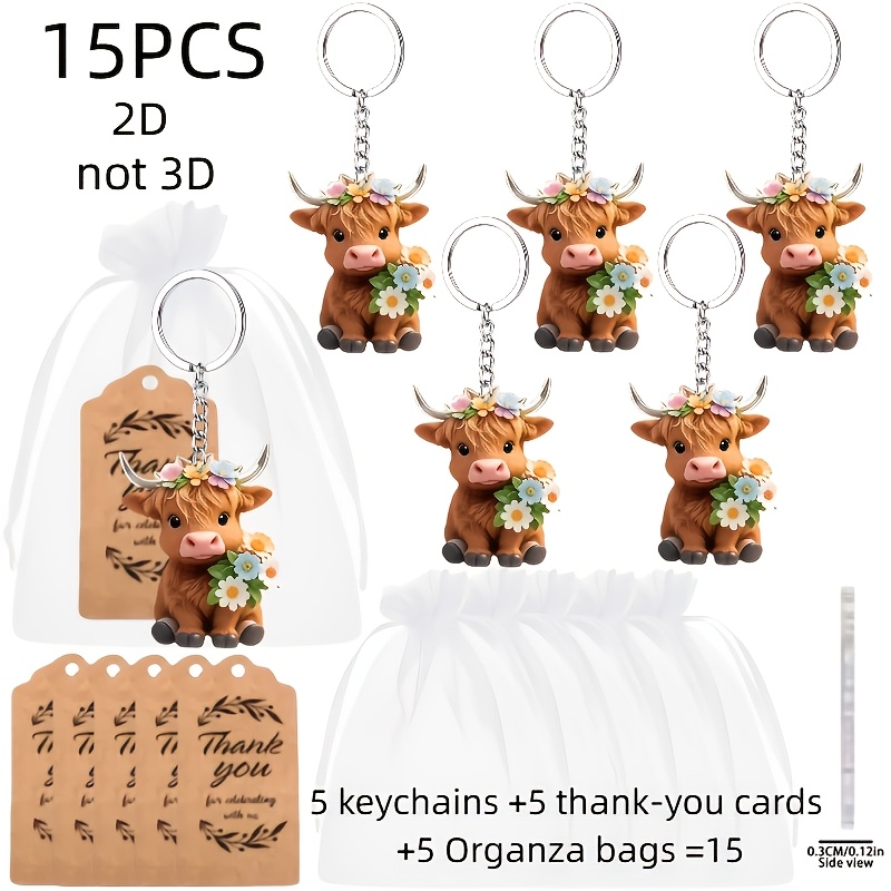 TEMU 2d Flat - 2d Design, 15pcs Keyring Set, Highland Cow Design Keyring Gift Pack- Includes(5 2d Design Acrylic Keychains+ 5 Thank You Cards+ 5 Gift