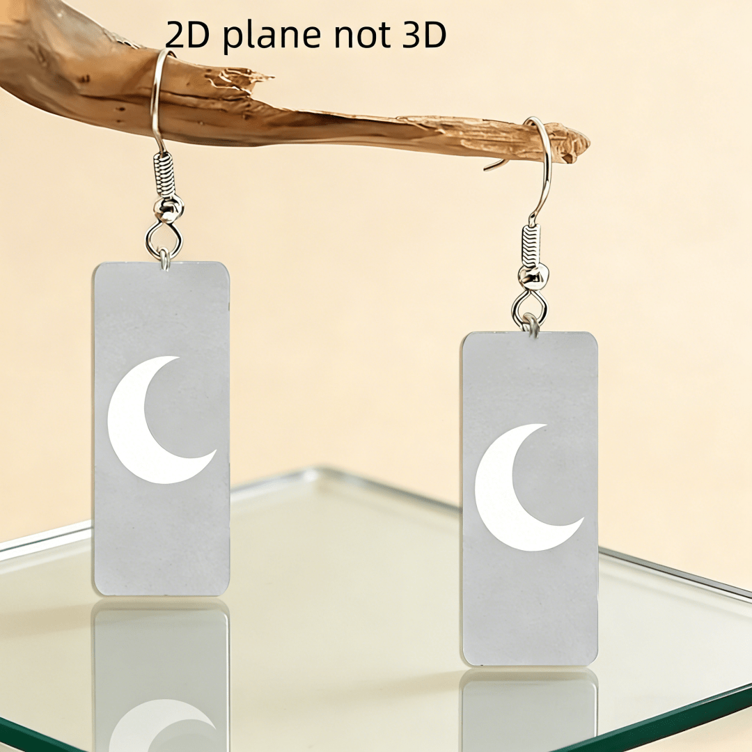 2D Flat Minimalist Crescent Moon Rectangle Dangle Earrings