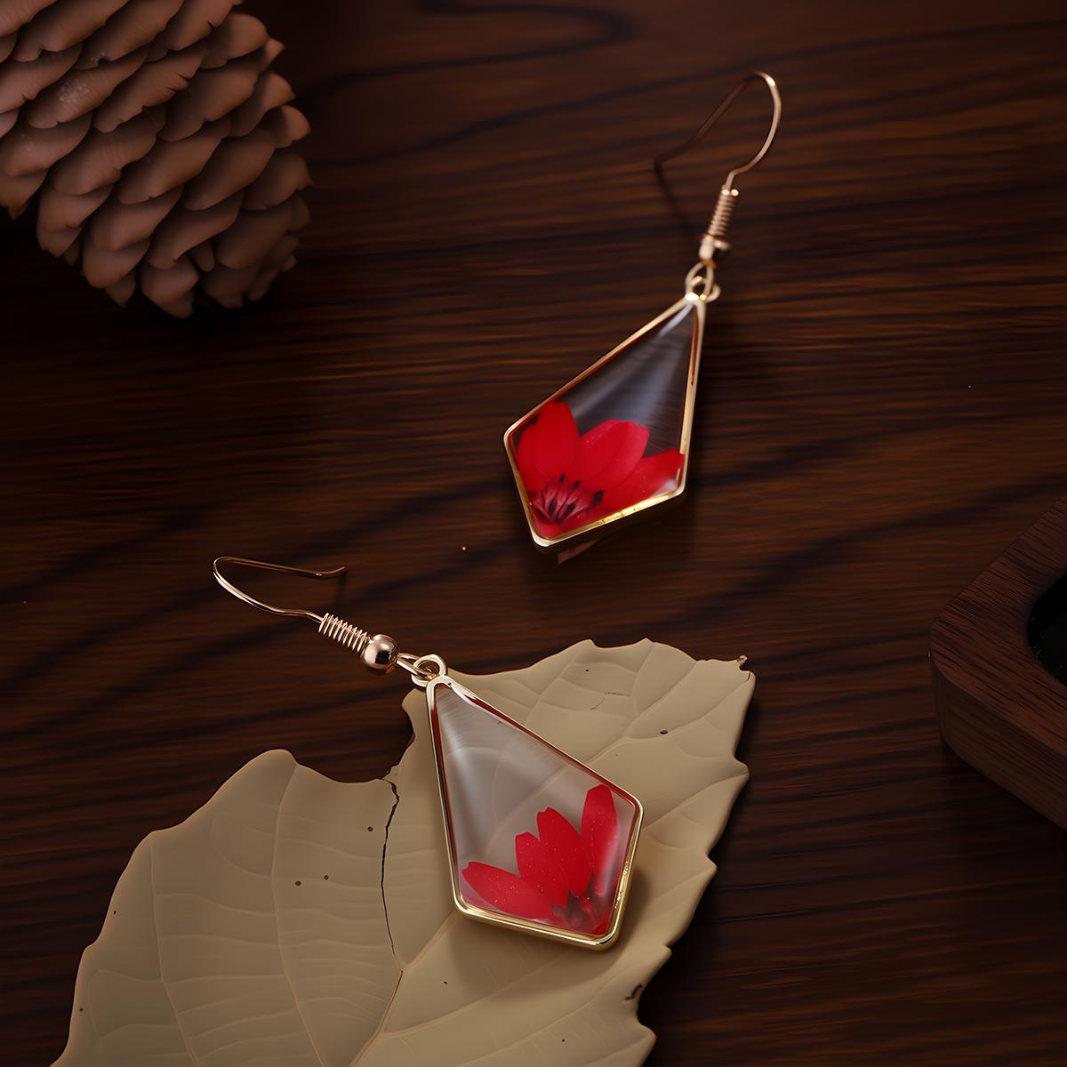 Red Petal Earrings, Geometric Resin Studs, Elegant Gift