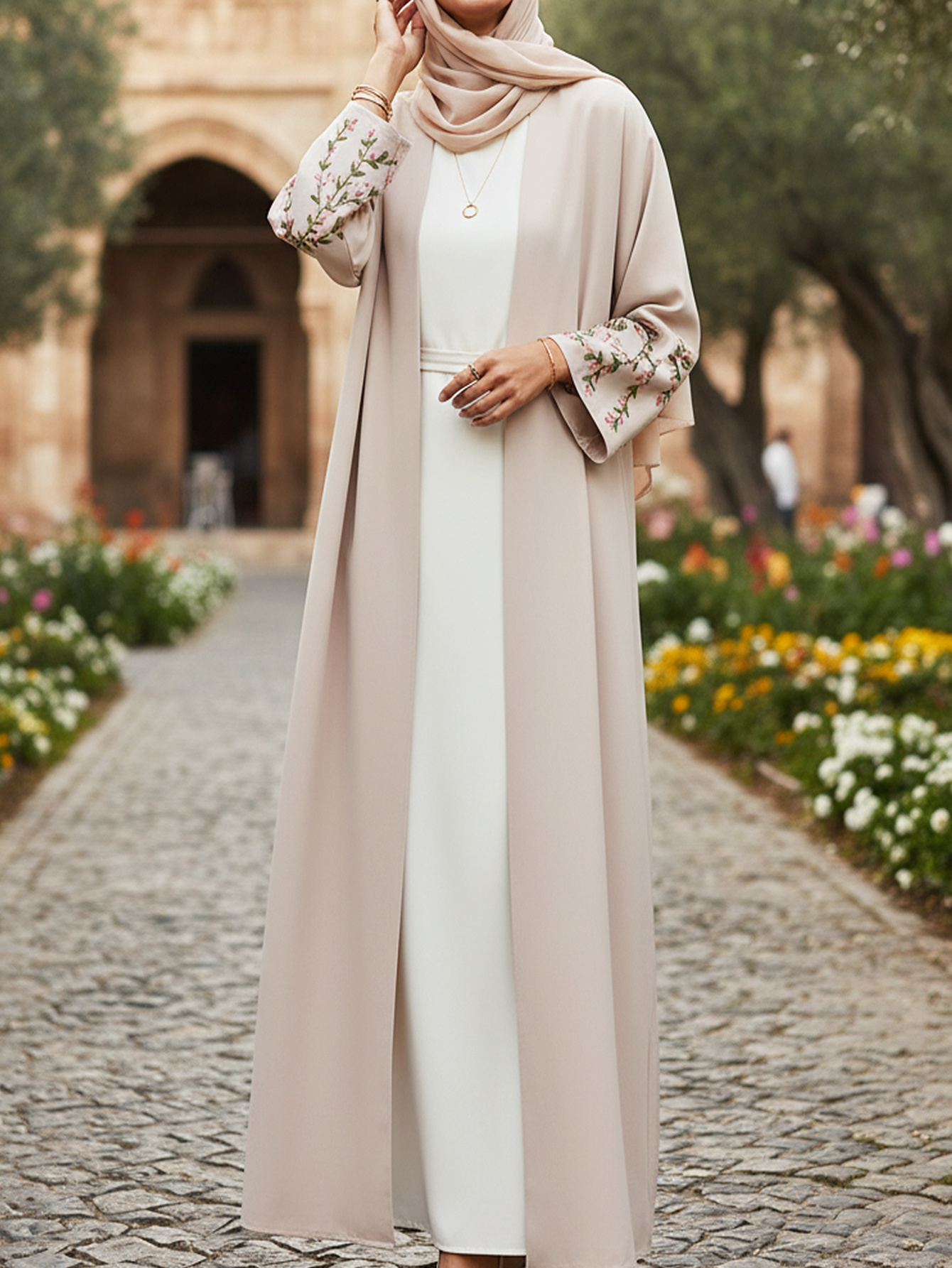 french connection bex beaded dress Beige Abaya with Button Detail  Outborn Generation