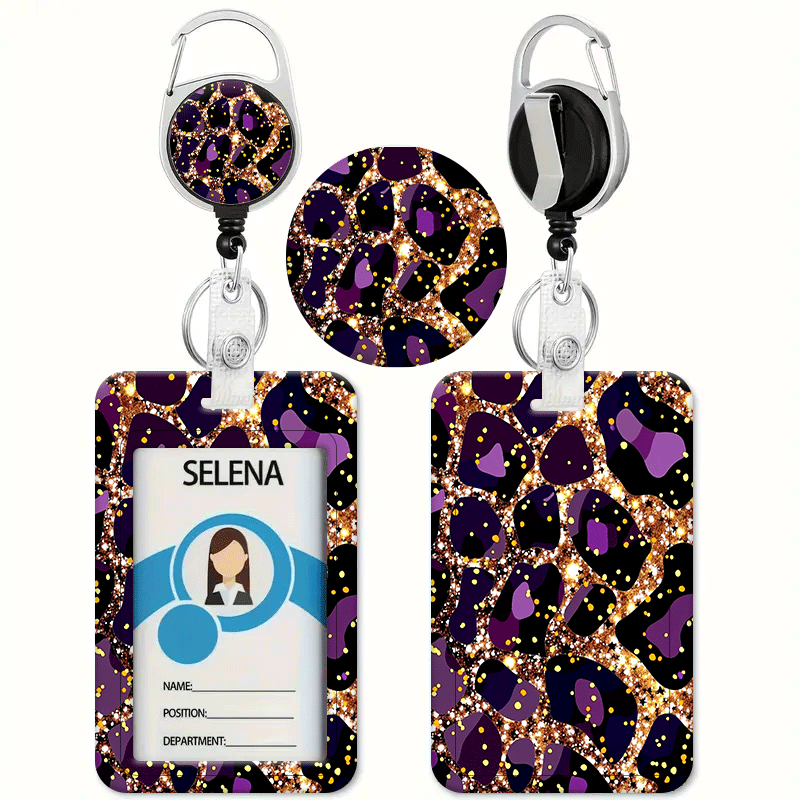 TEMU Leopard Print With Shimmering Golden And Purple Polka Dots, Printed Pattern Card Holder With Retractable Snap-style Lanyard - Id Badge Holder,