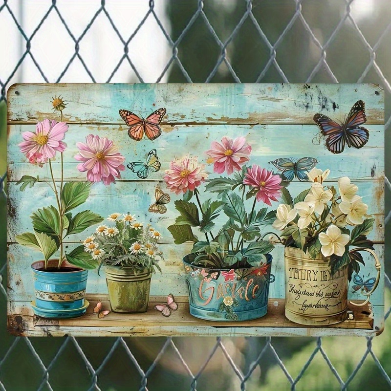 TEMU 2d Flat, Wall-mountable Vintage Botanical Metal Wall Art Sign - Rustic Iron Floral Decor With Potted Plants & Butterflies, Irregular Shape