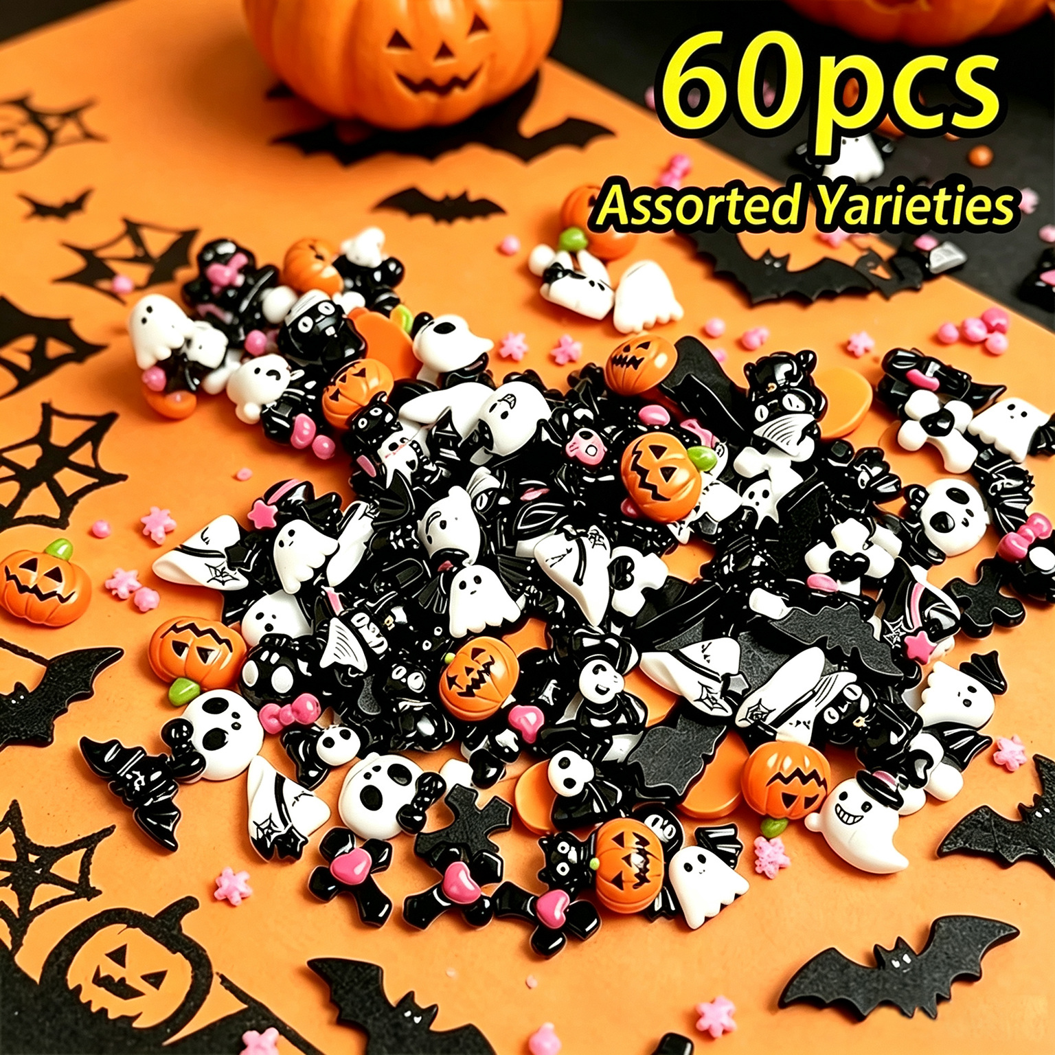 TEMU 60pcs Halloween Resin Nail Art Deco Set - Includes , Pumpkin, Bat, Black Cat Flat Decals For Nail Art, Scrapbooking, Craft, Hair Clips, Phone