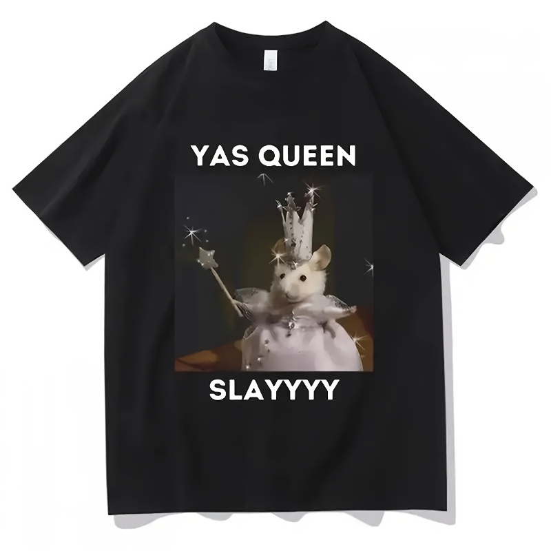Humorous Mouse Print T-Shirt, Cotton Mix Crew-Neck T-Shirt, Regular Style, Short Sleeve, Slight Stretch, Suitable for Both Boys And Girls