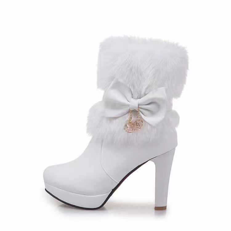 Women'S Winter Warm Fleece-Lined Ankle Boots with Plush Furry Collar & Bowknot - Chunky Heel, Round Toe, Zipper Closure, Lightweight Durable PU Cover, Cushioned Insole & Arch Support - Elegant Cold-Proof Boots for Outdoor Walking, Casual & Formal Ou