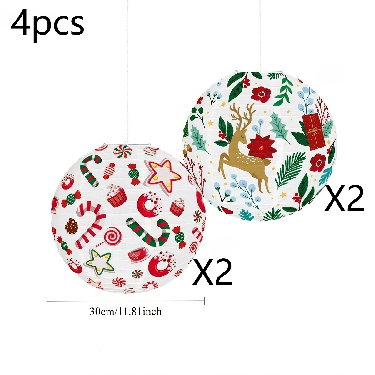 TEMU 4pcs Lanternes rondes de Noël à suspendre en papier, pouces, lanternes colorées imprimées avec des et des sucettes, ornements à suspendre au