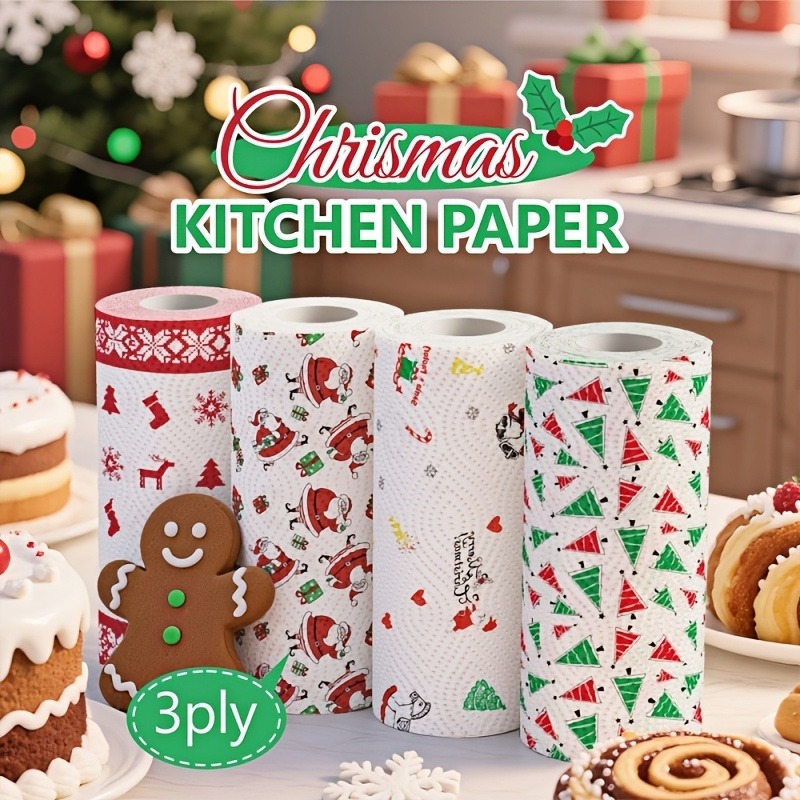 TEMU Christmas Kitchen Paper Towels, Thickened 3-ply Roll, Suitable For Wet And Dry Kitchen Cleaning, Home Thickened Roll, Disposable Kitchen Paper,