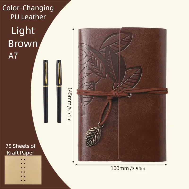 TEMU A Trio Of Vintage Strap Notebooks Accompanied By 2 Stylish Black And Pens Featuring A Leaf-shaped Pendant Design, Suitable For Use As A Travel