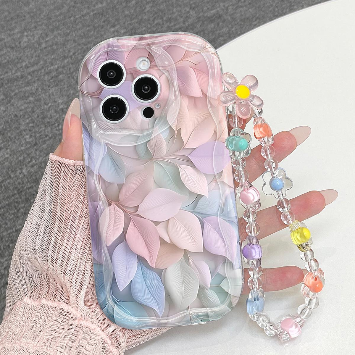 TEMU Phone Case - Petal Pattern Phone Case Set Transparent Beaded Chain + Colorful Flower Bracelet, A For Holiday Gifts, Suitable For Iphone Case