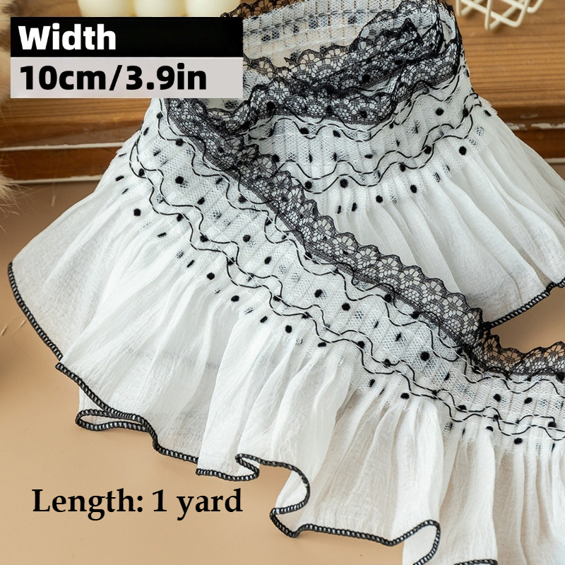 TEMU Black White Ruffle Lace Trim, 1 Yard, 10cm/3.9in Wide, Decorative Edging For Neckline And Cuff, Clothing Hem Diy Fabric, Wedding Dress Gown