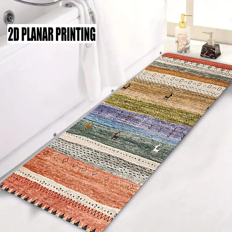 TEMU 1pc Kitchen-themed Long Runner Rug, 2d Flat Printing Retro Bohemian Striped , Runner Special Flannel Soft Comfortable Machine Washable Carpet,