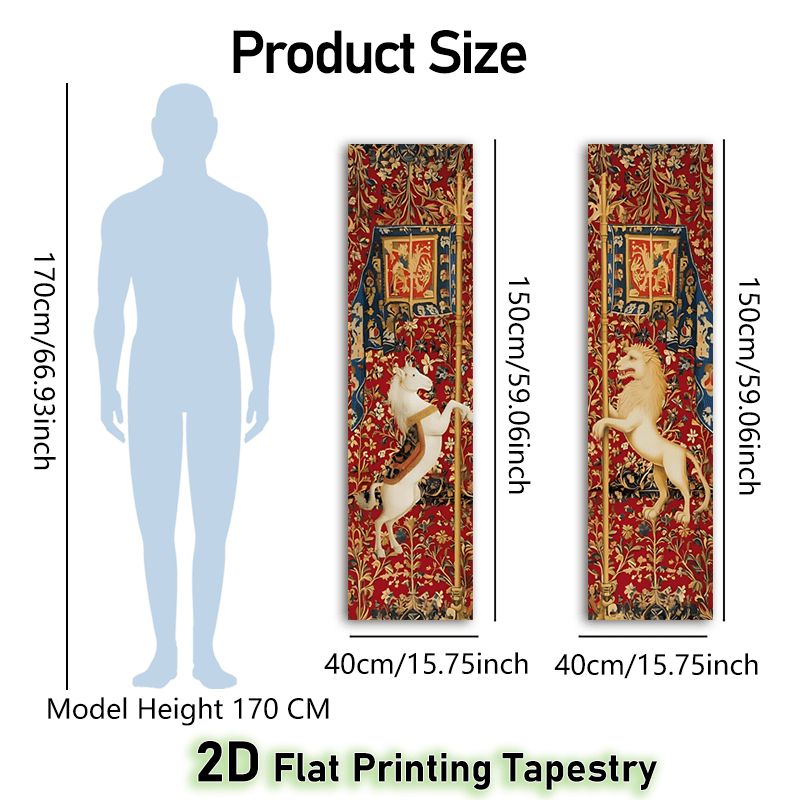 TEMU 2d Flat, 2d Flat - 2pcs Unicorn Vertical Tapestry | Red Floral Wall Tapestry | Medieval European Design Long Narrow Wall Hanging | Polyester