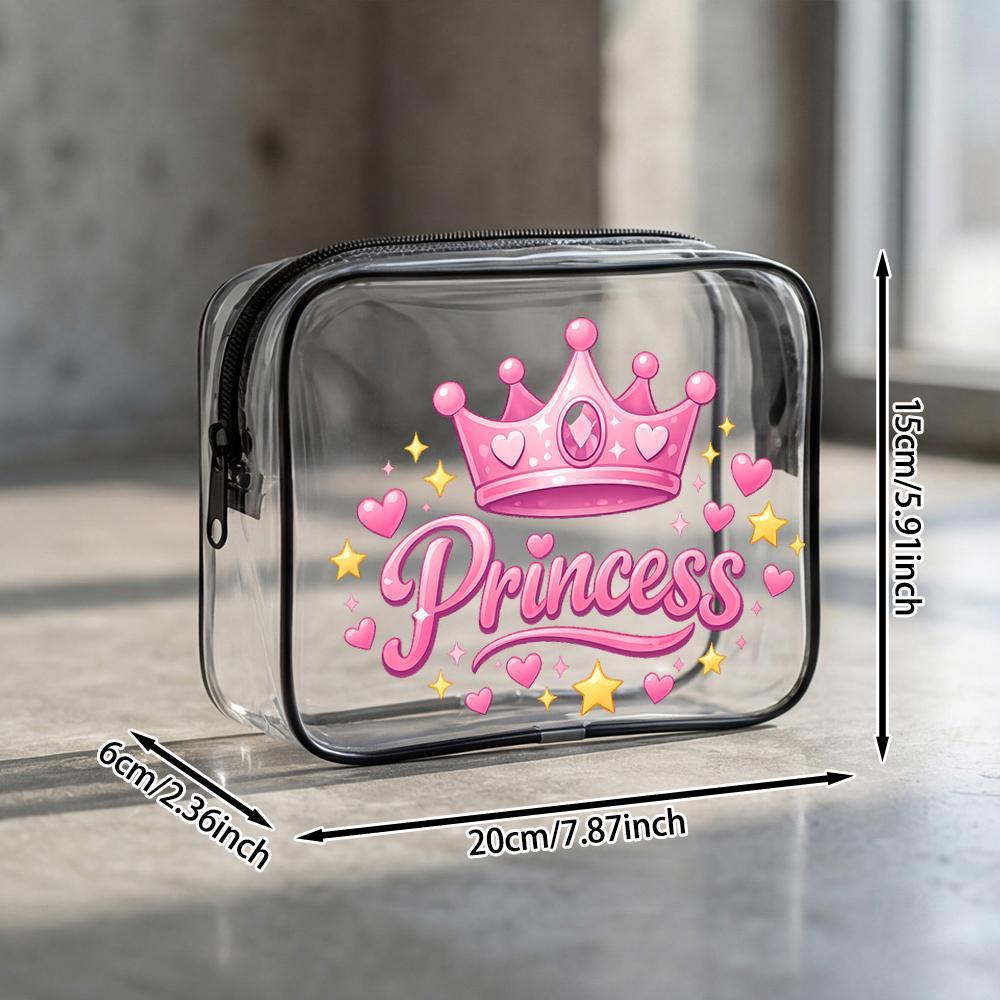 TEMU Toilet And Toiletry Bags, Pink For Princess Crown Clear Pvc Zipper Makeup Bag, Kawaii Cute Design With Heart & Accents, Portable Cosmetic