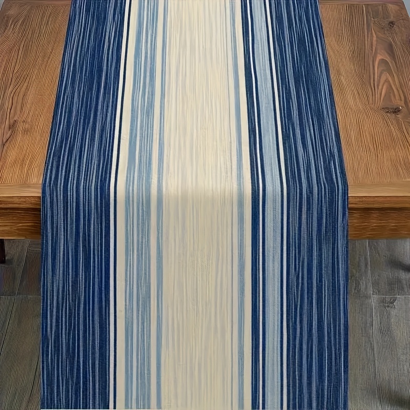 TEMU 1pc Modern Nordic Table Runner Navy Blue & Beige Stripes - Scandinavian Minimalist Rectangular Suitable For Kitchen, Dining Room Decor, Party