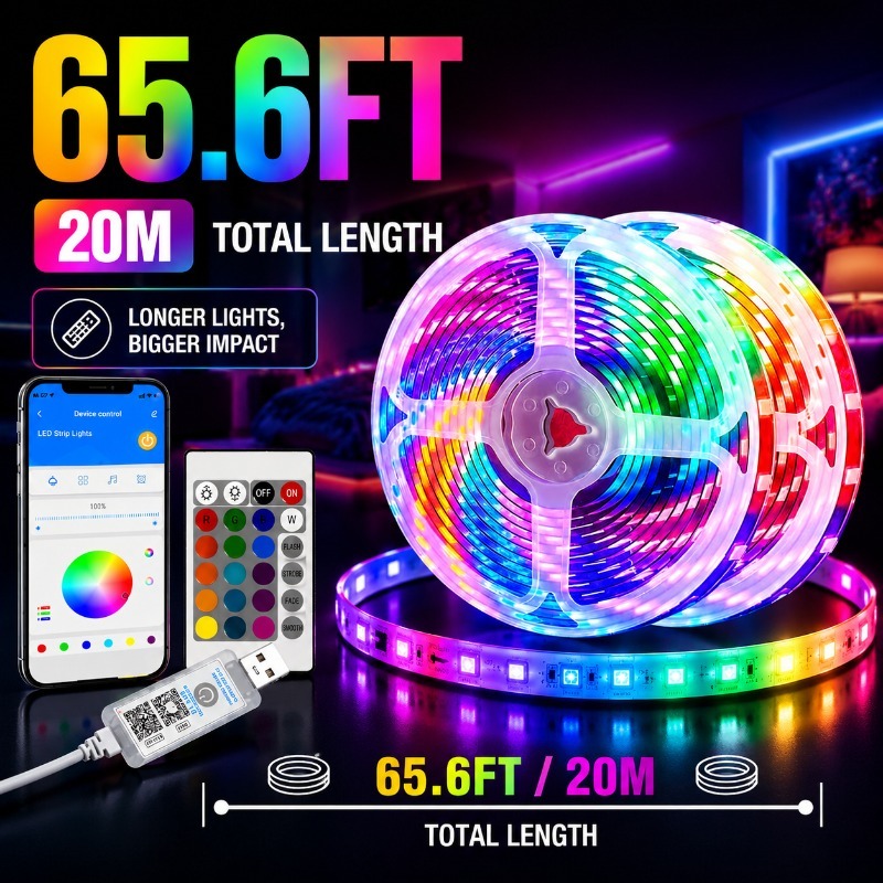TEMU Rgb Led Strip Lights Compatible For Smartphones/tablets/pcs, Usb-powered App & Remote Control With Music Sync Color Changing Lights, Dimmable