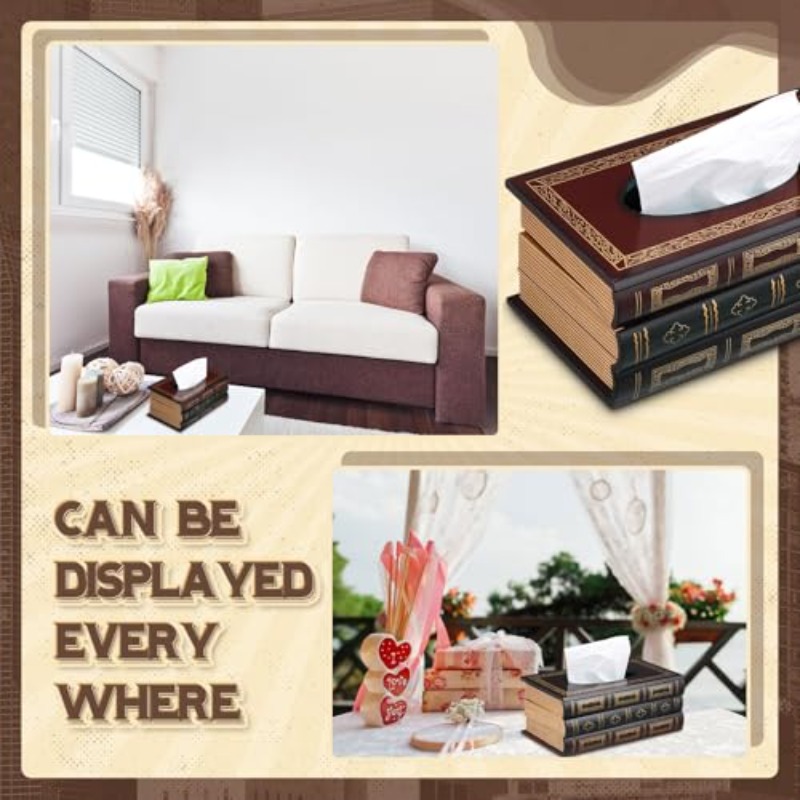 2pcs wooden retro book tissue box cover antique tissue box cover rectangular classical novelty paper holder dispenser medieval home decor for living room   car kitchen, car organizer,  ce decor, classical style, medieval aesthetic,  , durable wood, decorative dispenser, vintage lovers, home stylists Product details 3