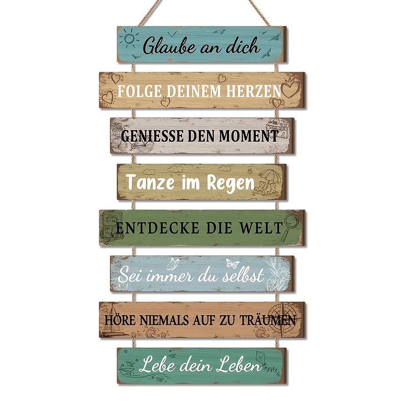 E-shop 2D Flat - Ein Set aus 8 Vintage Wandkunst-Dekorationen im Bauernhaus-Stil aus Holz für 2D-Räume – Mit positiven Affirmationen, deutscher