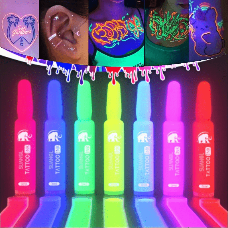 TEMU 3ml Fluorescent Tattoo Ink Set , Trendy Body Art, Glow Under Light, Professional Tattoo, Vibrant Colors,, Container