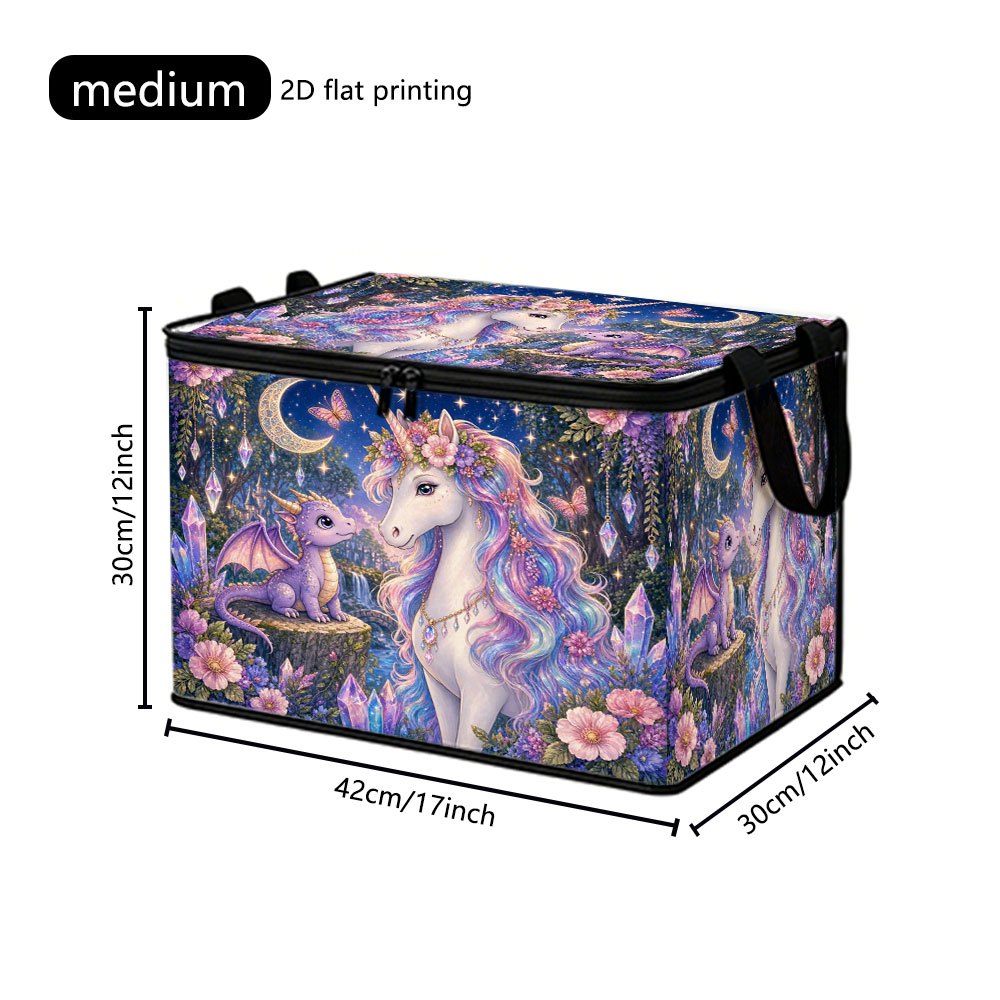 TEMU New Arrival: 1pc 2d Flat Printing Full-coverage Print, Large Foldable Zippered Storage Box Organizer, Magical Unicorn Baby Moon Night Scene
