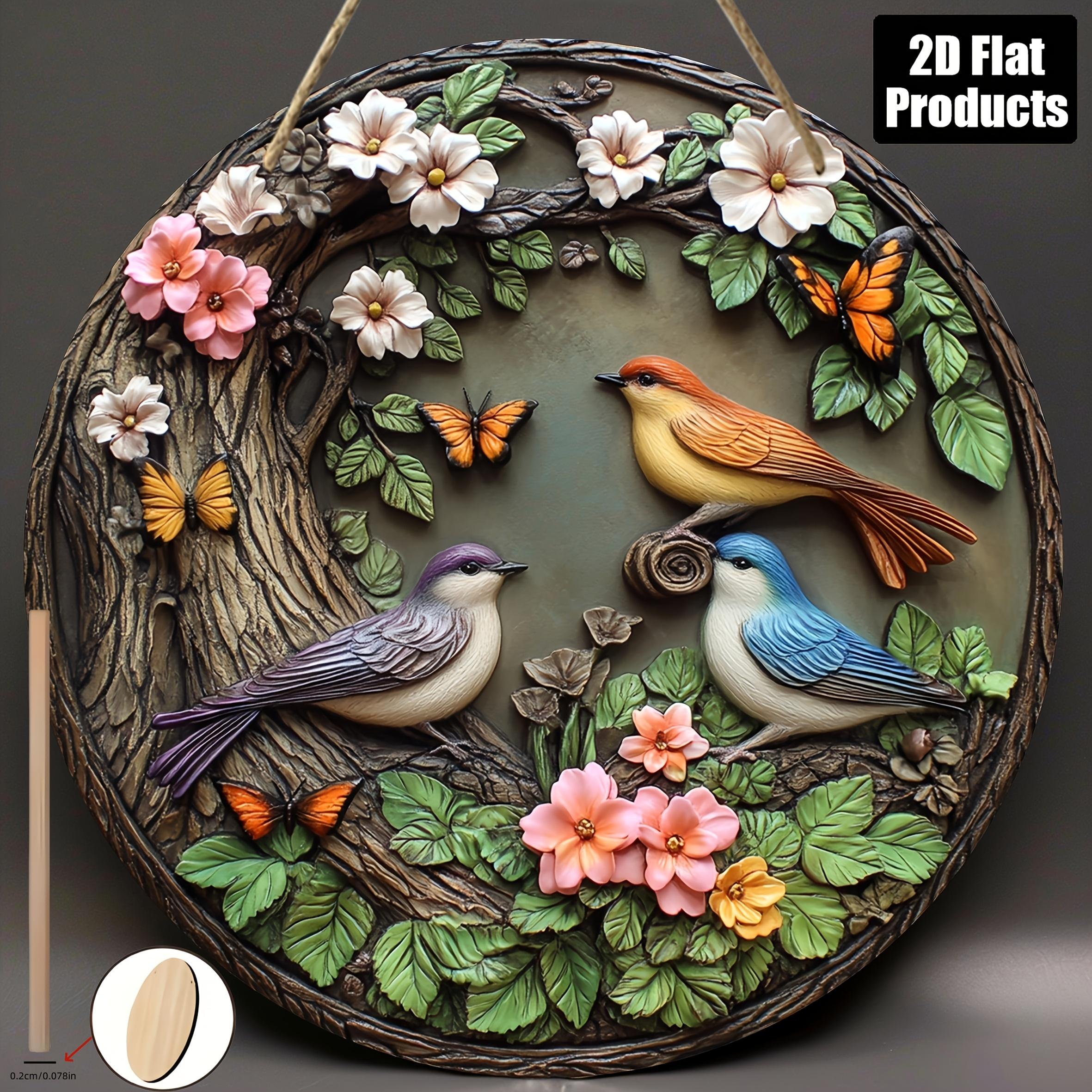 E-shop 2D Flach, 2D Flach Runde Holz Wanddekoration – 2D Flach Natürlicher Stil Dekoration mit Bunten Vögeln, Schmetterlingen Blumenmustern –