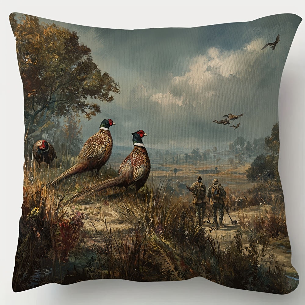 TEMU A Double-sided Game Bird Pillowcase Featuring Autumn Countryside Scenery With Pheasants, Ducks, And Hunters, Made Of Polyester, With A Zipper,