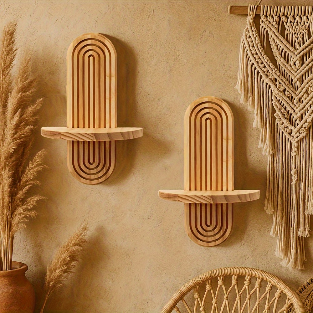 TEMU 2pcs Wooden Bohemian Small Wall Shelves, Exquisite Storage Shelves, Suitable For Living Room, Bedroom, Kitchen Hanging Bathroom Shelves