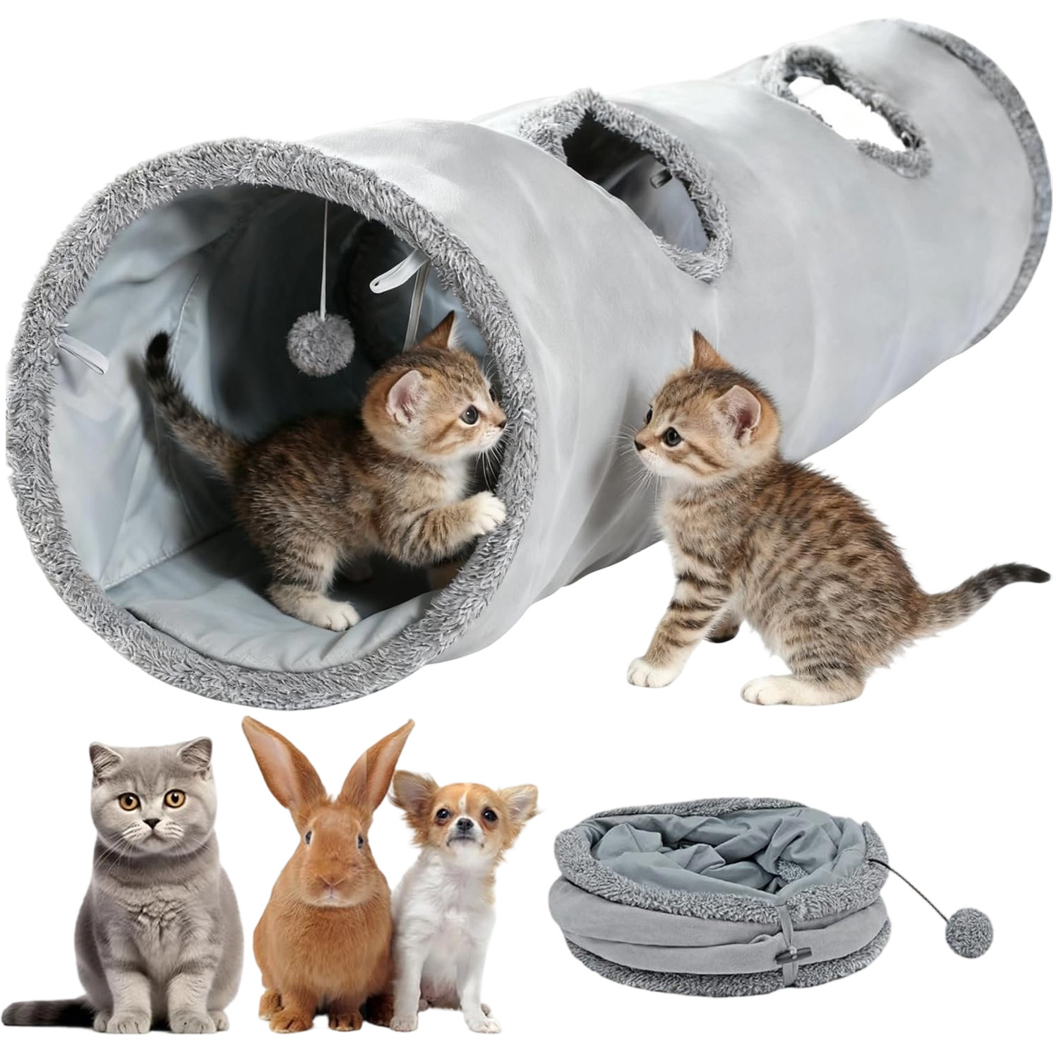 Image of 130cm×30cm Straight Pet Tunnel, Featuring Double-sided Entrances And An Interactive Hanging Ball. Reinforced Support, Foldable And Portable, Perfect For With Cats, Rabbits, And Small Dogs