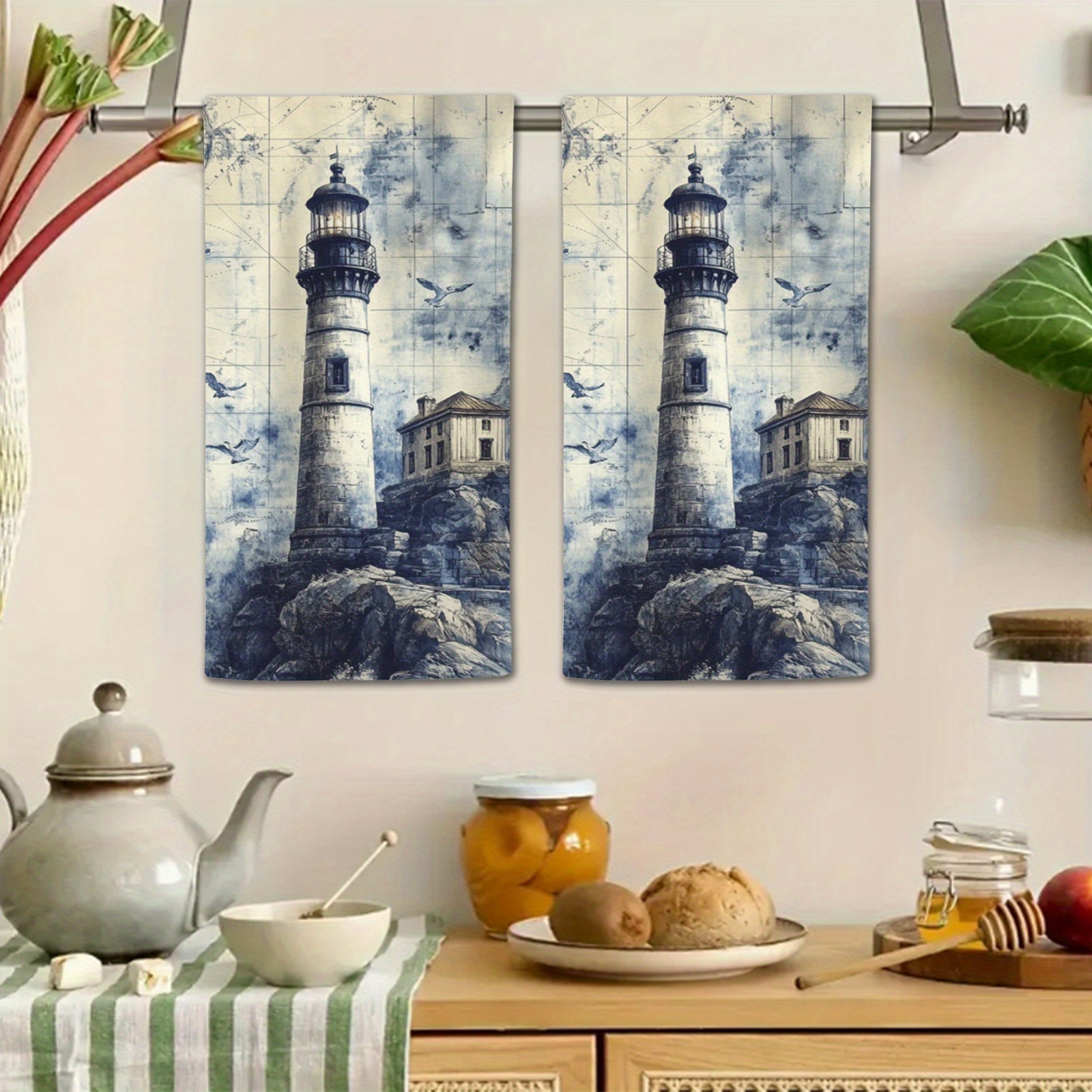 

2pcs Super Soft Lighthouse Kitchen Dish Towels - 230 Gsm Non-woven Polyester Dishcloths, Contemporary Seaside Lighthouse Print Hand Towels For Kitchen And Bathroom Decor, Oblong Polyester