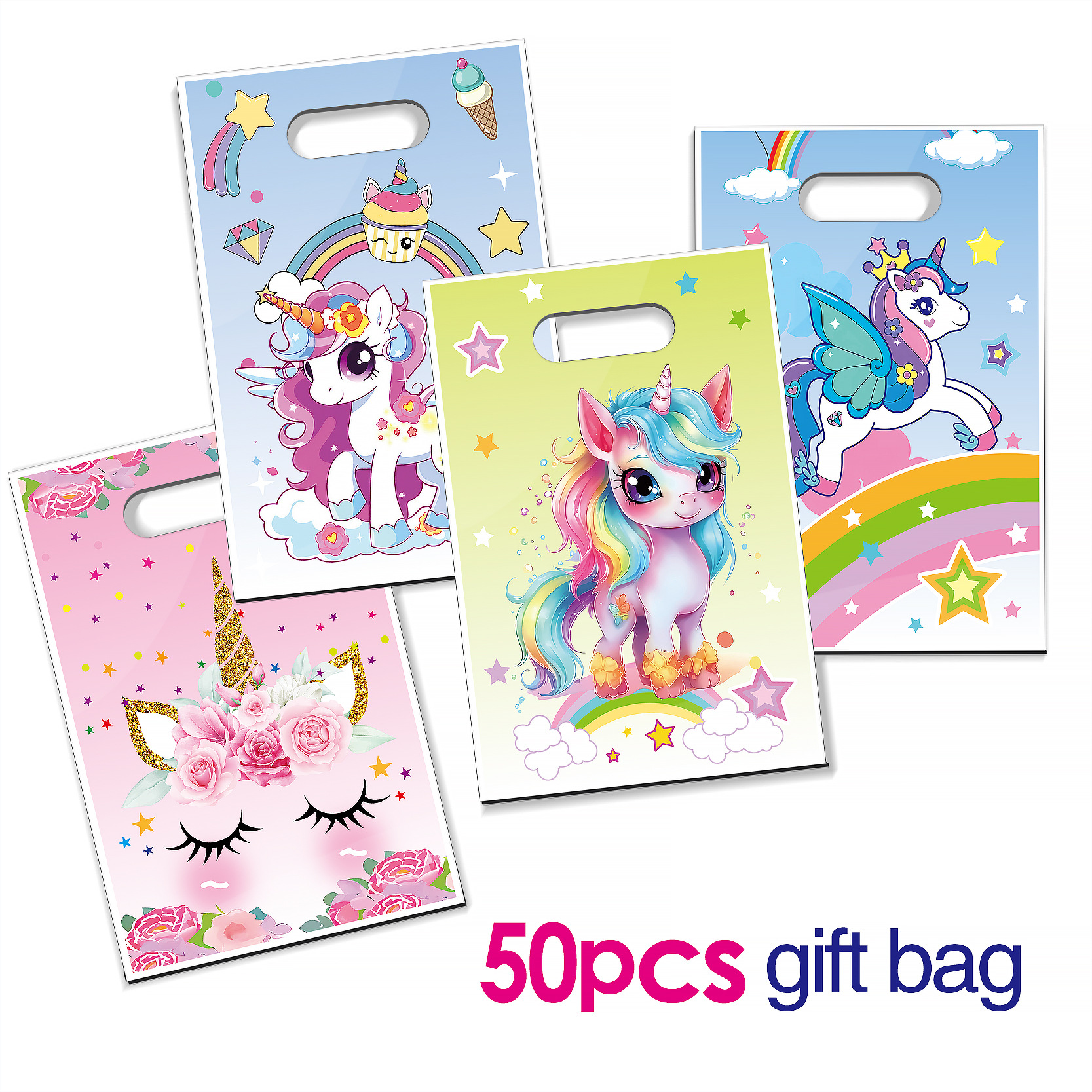 Image of 50 Unicorn-themed Gift Bags, Party Birthday Favor Bags, Cartoon Packaging Bags, Plastic Tote Bags