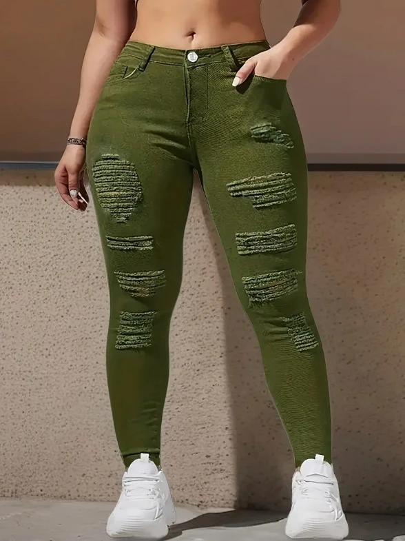 knee hole jeans for women fitting and elastic skinny jeans new casual nine inch jeans for spring summer and autumn 2025 hole distressed plain green womens waist jeans details 1
