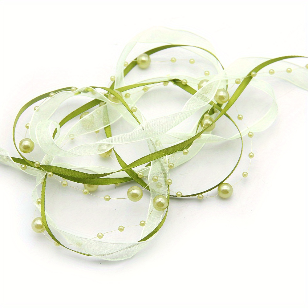 Image of 1 Meter Pearlized Floral Ribbon With Beads - Decorative Ribbon For Bouquets, Crafting, And Gift Wrapping - Artificial Embellished, Soft, And Durable Ribbon For Diy Projects And Wedding Decorations