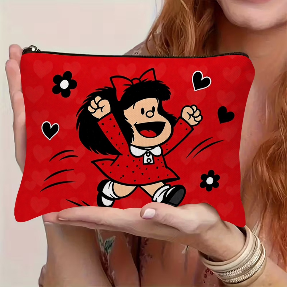 TEMU 1 ud. Bolso cosmético 2D - Estampado de dibujos animados divertidos, alegre, rojos, corazones pequeños y detalles florales, cremallera , y