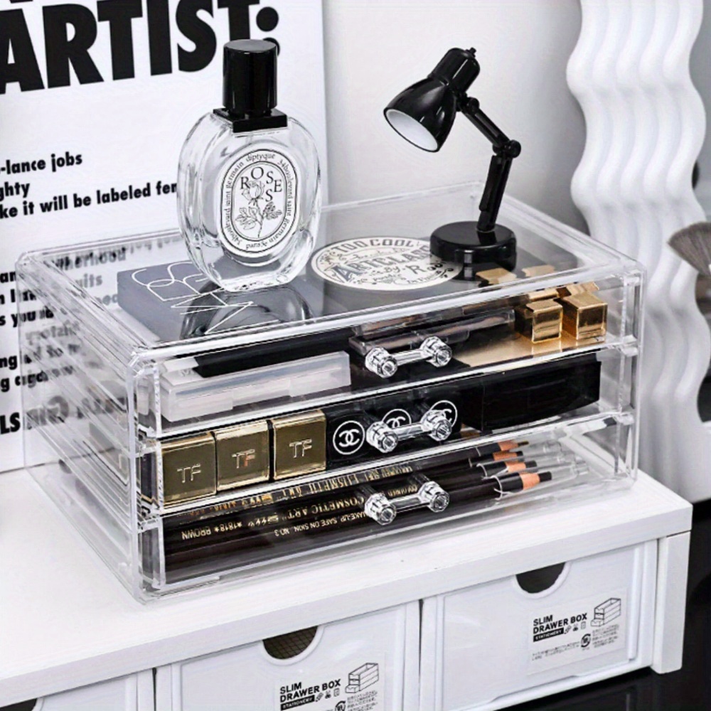 TEMU 1pc Large Clear Acrylic 3-drawer Makeup Organizer With Drawers - Cosmetic & Jewelry Storage Box, Plastic Case For Dresser, Vanity, Bathroom