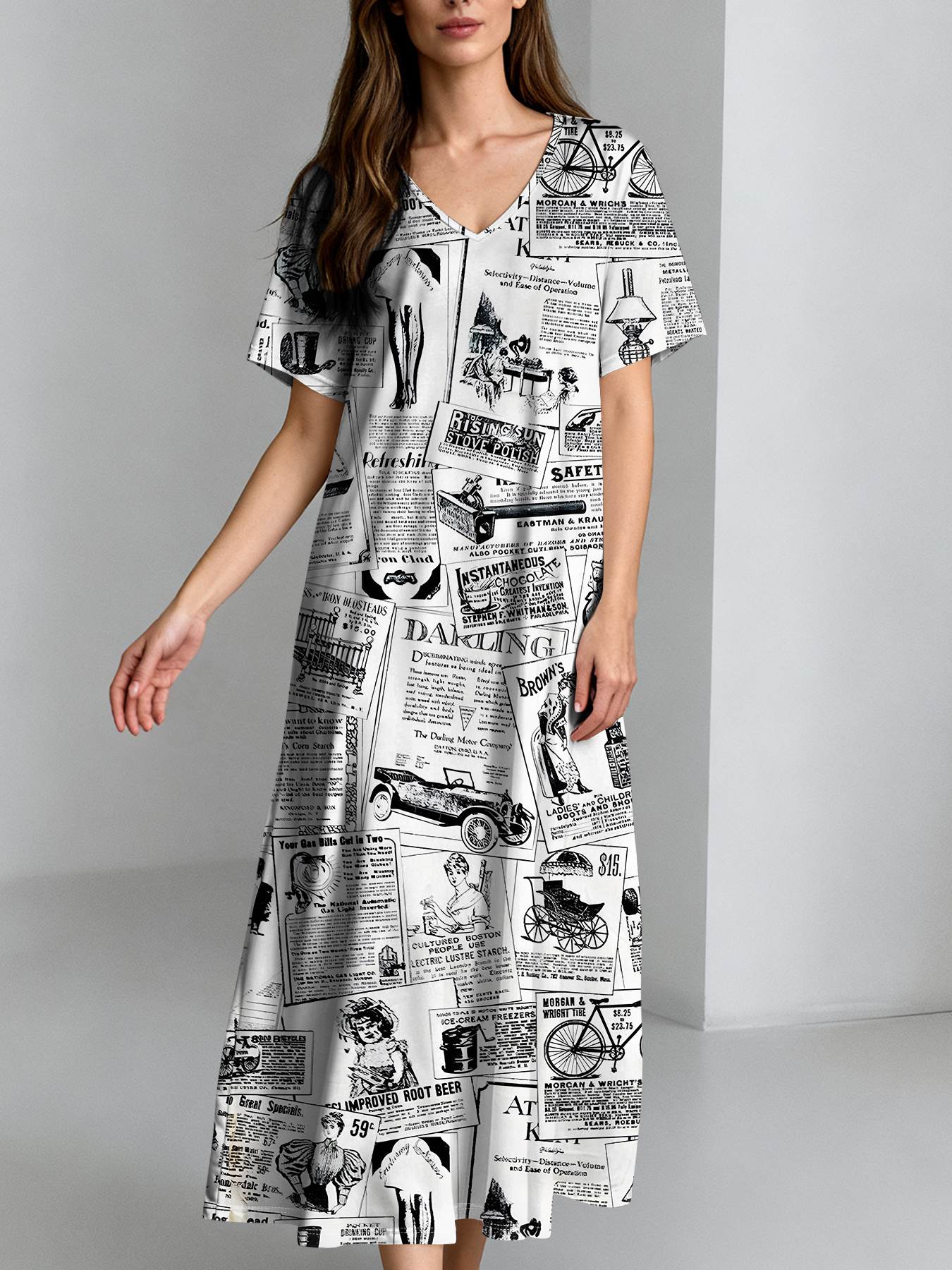 item picture womens   neck maxi dress with full newspaper print short sleeve line flowy dress suitable for casual formal wear machine washable long dress for weddings daily outfits non blouse style dress
