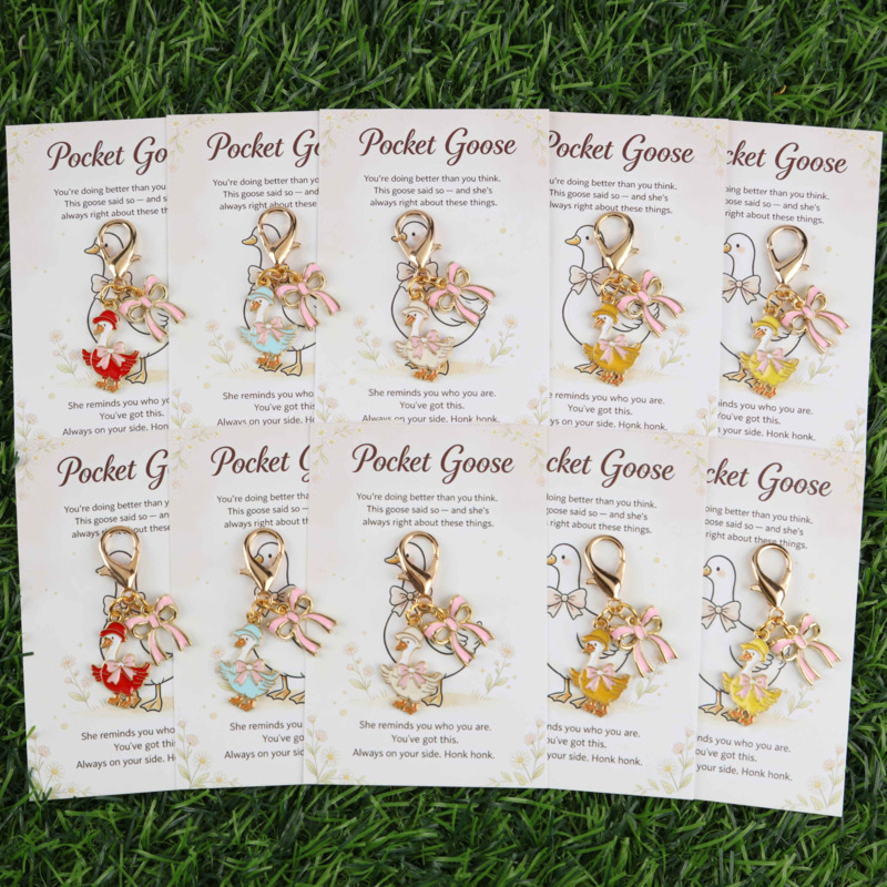 TEMU 10pcs Cute Bow Goose Keychain Set With Pink Bow Pendant, Includes Pocket Greeting Card, Ideal Party Gift For , Birthday Present, Thanksgiving,