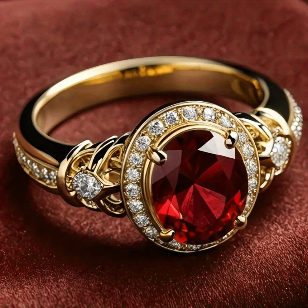 E-shop Vintage Luxus Ovaler Ring für Damen - Elegantes Rotes Zirkonia & Goldfarbenes Beschichtetes , Synthetischer Cubic Zirconia , 4--Setting, für