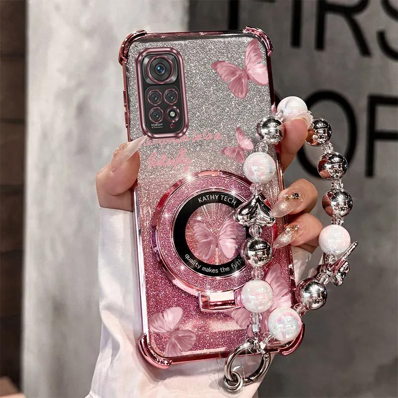 TEMU para Teléfono - de Lujo Rosa con Correa de Muñeca de Perlas, con Magnético, Diseñada para Xiaomi Redmi Note 11 4G, Protección Anti-Golpes y a