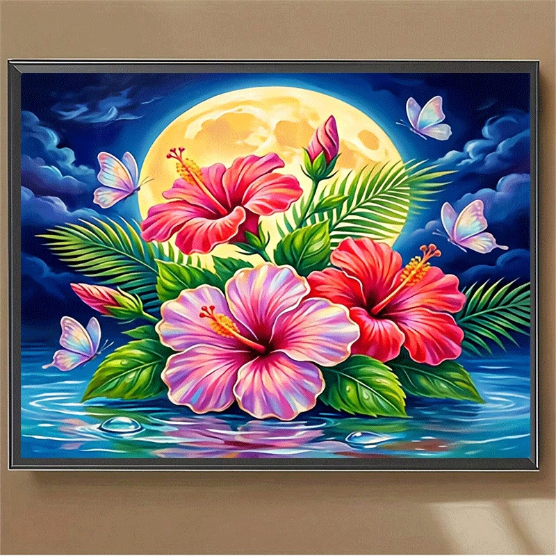TEMU Kit de peinture diamant 5D au design le plus récent, Hibiscus Papillon, Toile décorative de salon en diamant entièrement collée à , Peinture