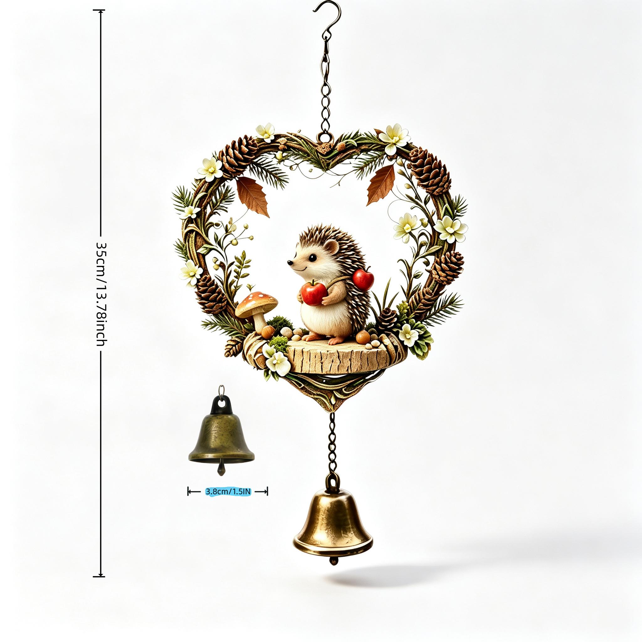 Image of Vine, Heart-shaped Hedgehog Holding An , And Single Wind Chime Ornament. Suitable For Hanging Indoors On Windowsills And , As Well As Outdoors In Courtyards. The Swings Gently, Producing A Deep