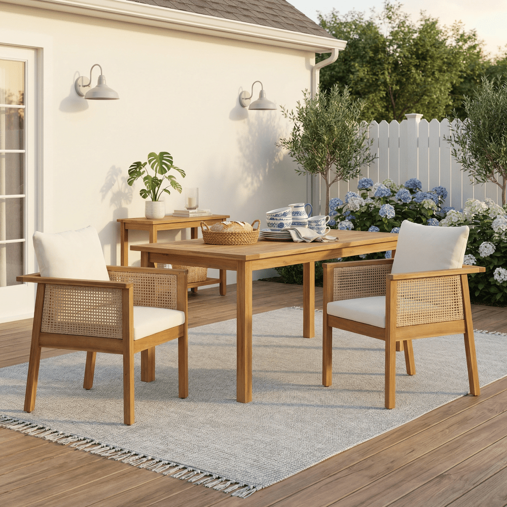 Set of 2 Outdoor Acacia Wood Dining Chairs - Patio Armchair with Natural Rattan Backrest, Cream Washable Cushion, Non-Slip Feet for Backyard Poolside Garden