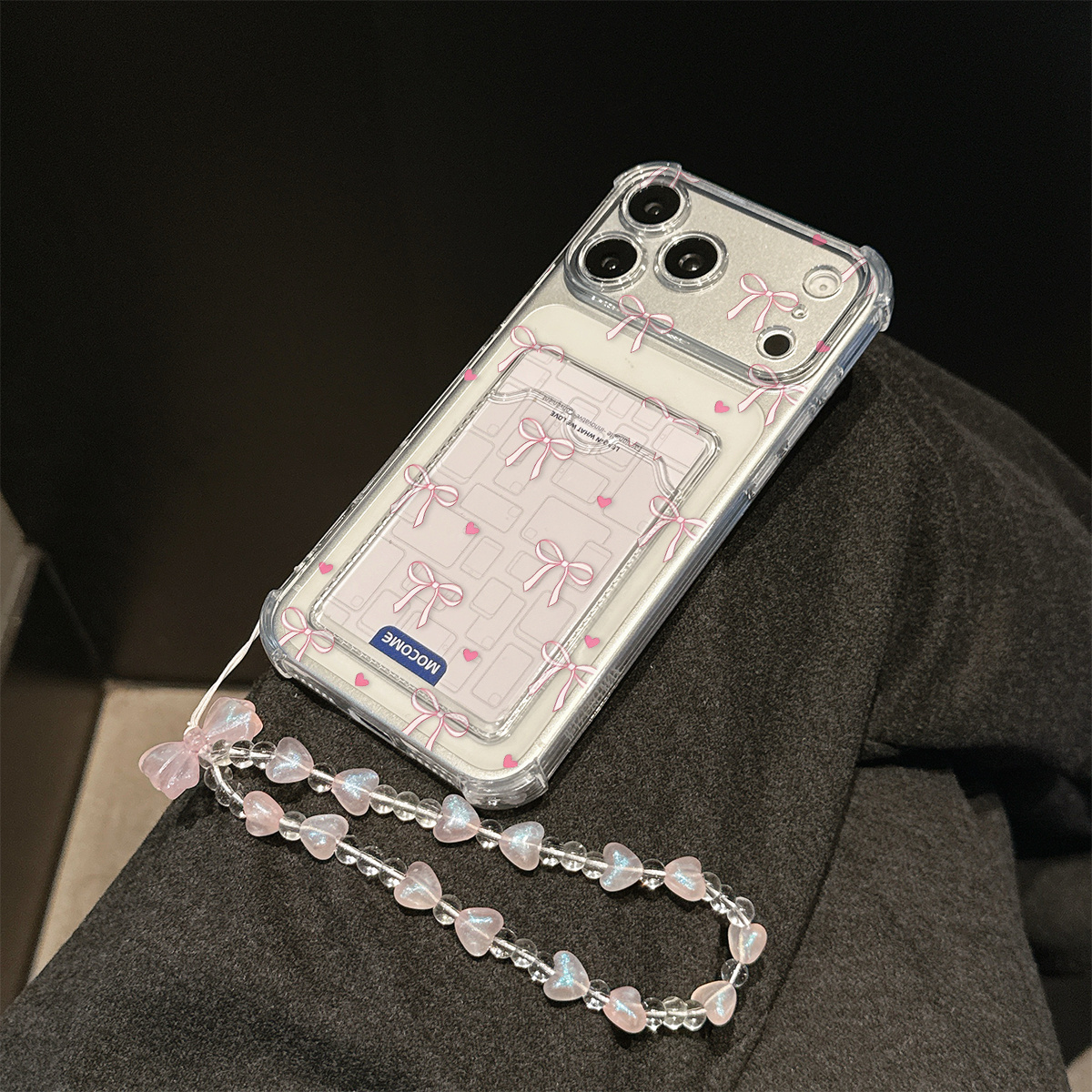 TEMU Phone Case: New 2pcs Set: Bow & Heart Pattern Card Holder Transparent Drop-proof Phone Case + Bracelet, Simple Protective Shockproof Durable