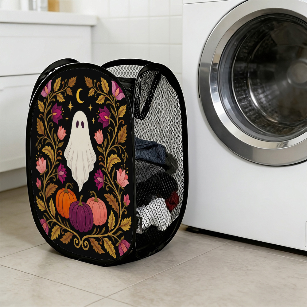 TEMU 1pc Whimsical Gothic Mesh Hamper And Pumpkins Lightweight Collapsible Storage Basket With Handles, Breathable Design, Ideal For College Dorm,