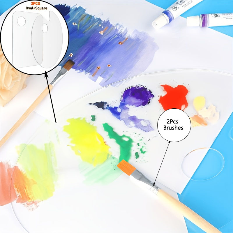 TEMU 4piece Set, 2 Transparent Acrylic Paint Palettes And 2pcs Brushes/ Artist Trays/easy-to-clean Plastic Painting Palettes/suitable For Oil Paint,