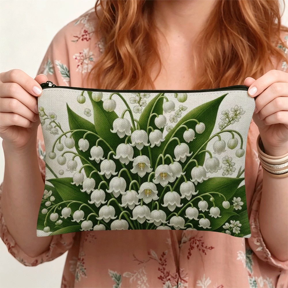 TEMU 1pc, A Bouquet Of Of The Valley Flowers By Green Leaves. A Hypoallergenic Cosmetic Pouch Suitable For Women, An Ideal Gift For Female . Travel
