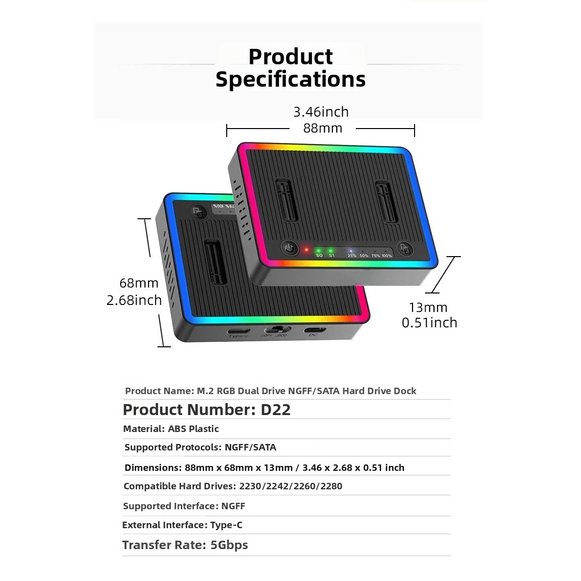item picture usb 3 2 gen2 d23 dual bay m 2   sata ssd enclosure offline clone hard drive duplicator rgb ssd adapter supports 2230 2242 2260 2280