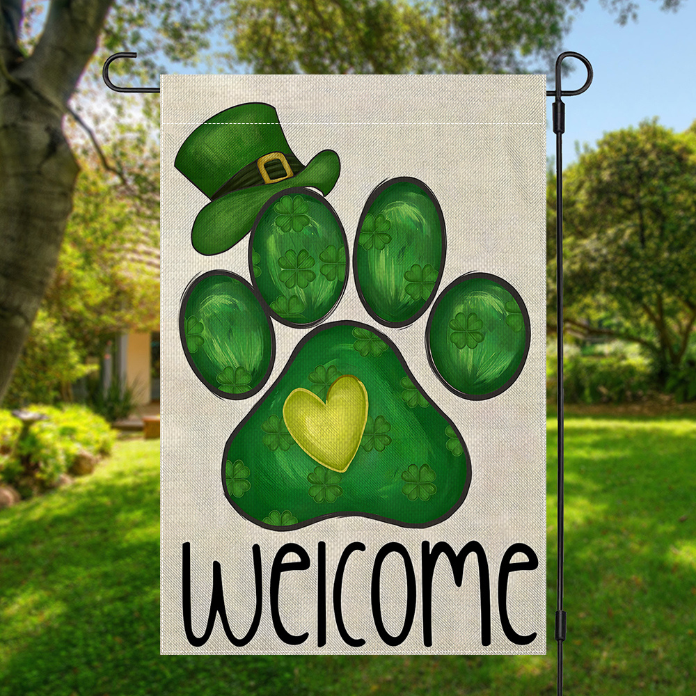 

Happy 's Day Garden Flag - Irish Dog Paw & Shamrocks Design, Double-sided Outdoor Decor, Polyester, No Flagpole Needed, 12x18in